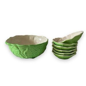 Vintage Ceramic Bowls Cabbage Salad Lettuce Handmade Green Cream‎ Serving Dish